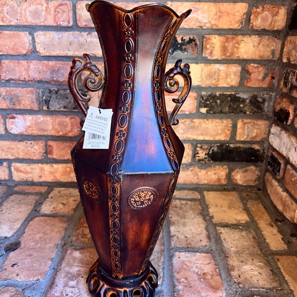 none Other - Antique-Style Metal Brown Embossed Decorative Floor Vase with Handles 18” tall